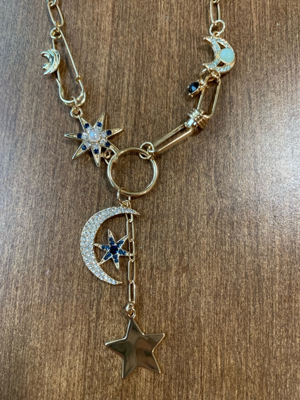 Gold Celestial Moon & Star Pendant Necklace - Blue & White Accents